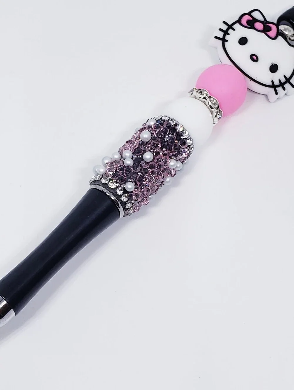 Handmade Pink White Hello Kitty Rhinestone Beaded Silicone Focal Bead Pen